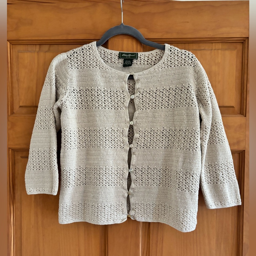 Eddie Bauer Women's Cream Crochet-Knit Button Cardigan - Vintage